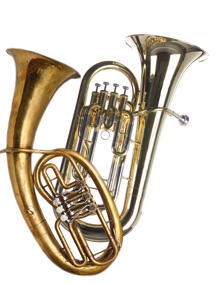 A gold brass euphonium tuba baritone horn isolated against a white background.