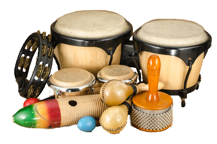 Image of latin percussion set on brown sack background